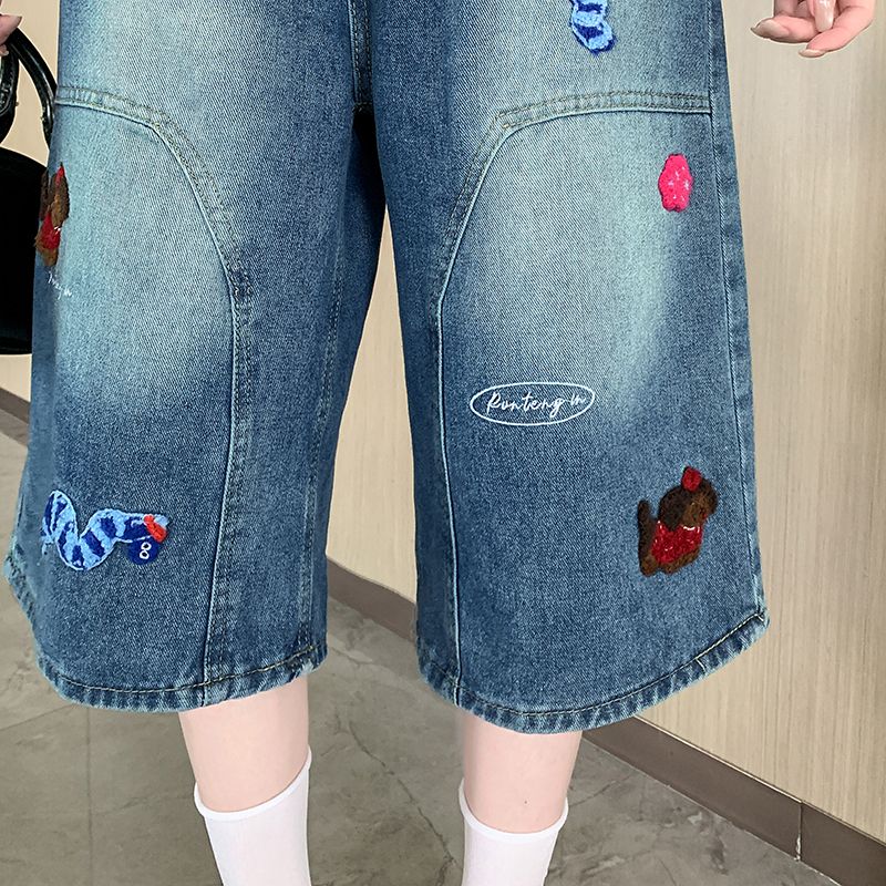 Retro embroidery shorts summer washed cropped pants for women