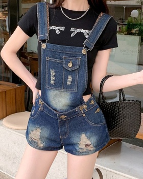 Denim loose holes retro straight shorts for women
