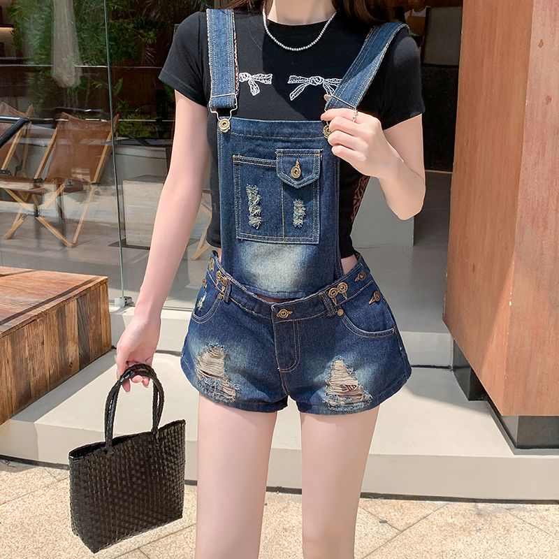 Denim loose holes retro straight shorts for women