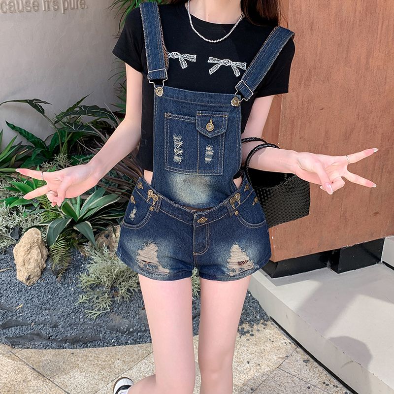 Denim loose holes retro straight shorts for women