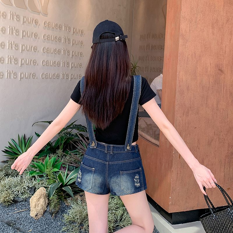 Denim loose holes retro straight shorts for women