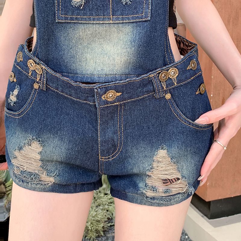 Denim loose holes retro straight shorts for women