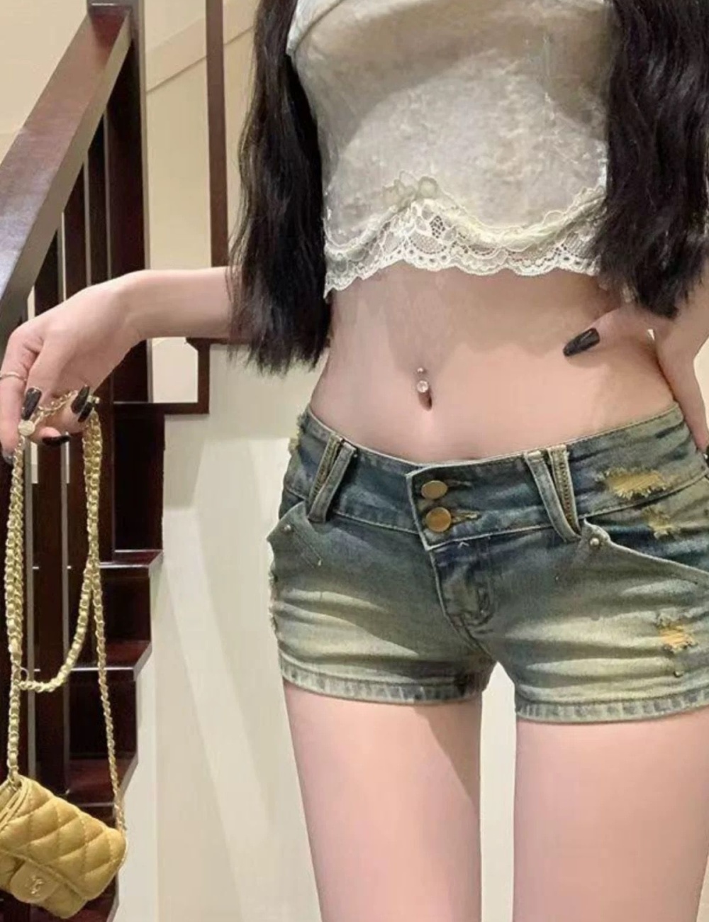 Slim spicegirl embroidery sexy holes package hip denim retro shorts