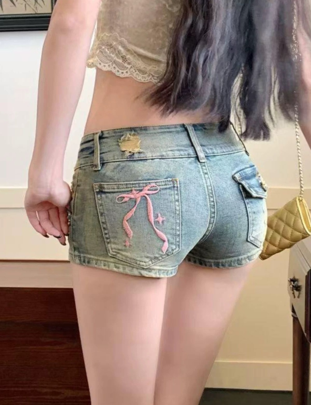 Slim spicegirl embroidery sexy holes package hip denim retro shorts