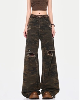 Mopping high waist sueding pants holes loose jeans