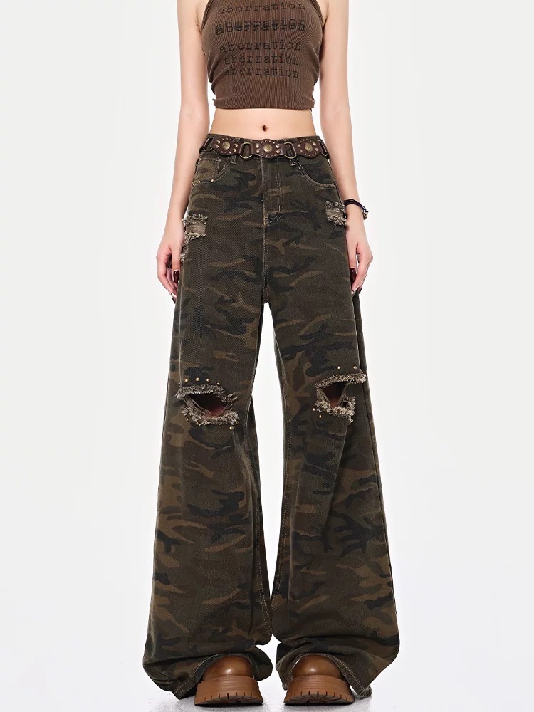 Mopping high waist sueding pants holes loose jeans
