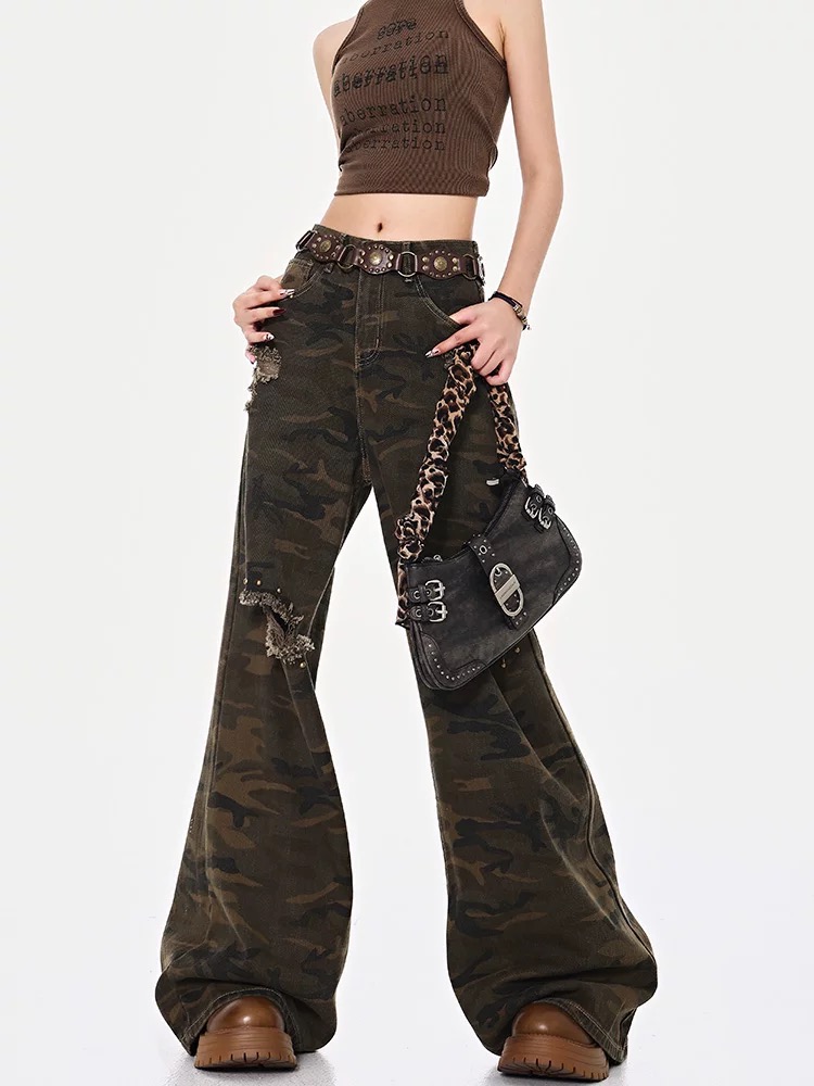 Mopping high waist sueding pants holes loose jeans