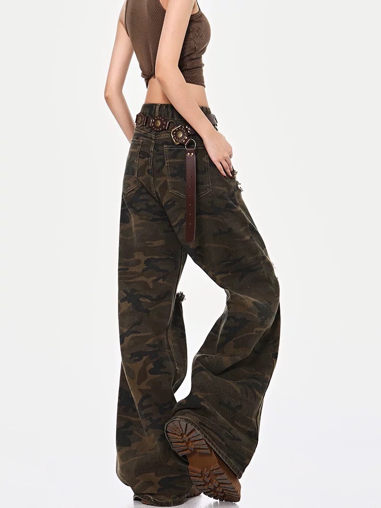 Mopping high waist sueding pants holes loose jeans