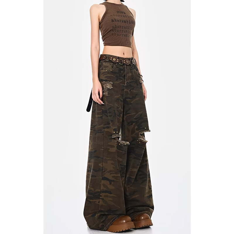 Mopping high waist sueding pants holes loose jeans