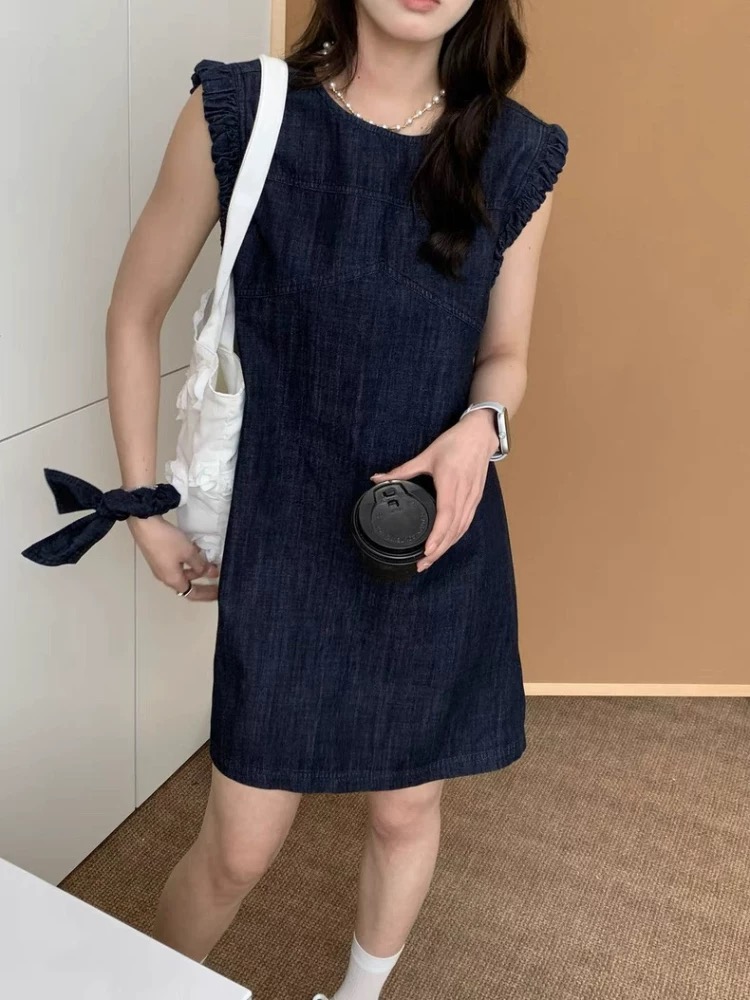 Sleeveless navy blue dress denim Casual T-back