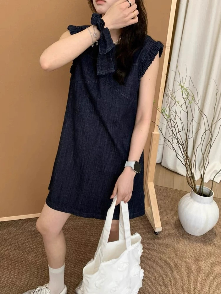 Sleeveless navy blue dress denim Casual T-back