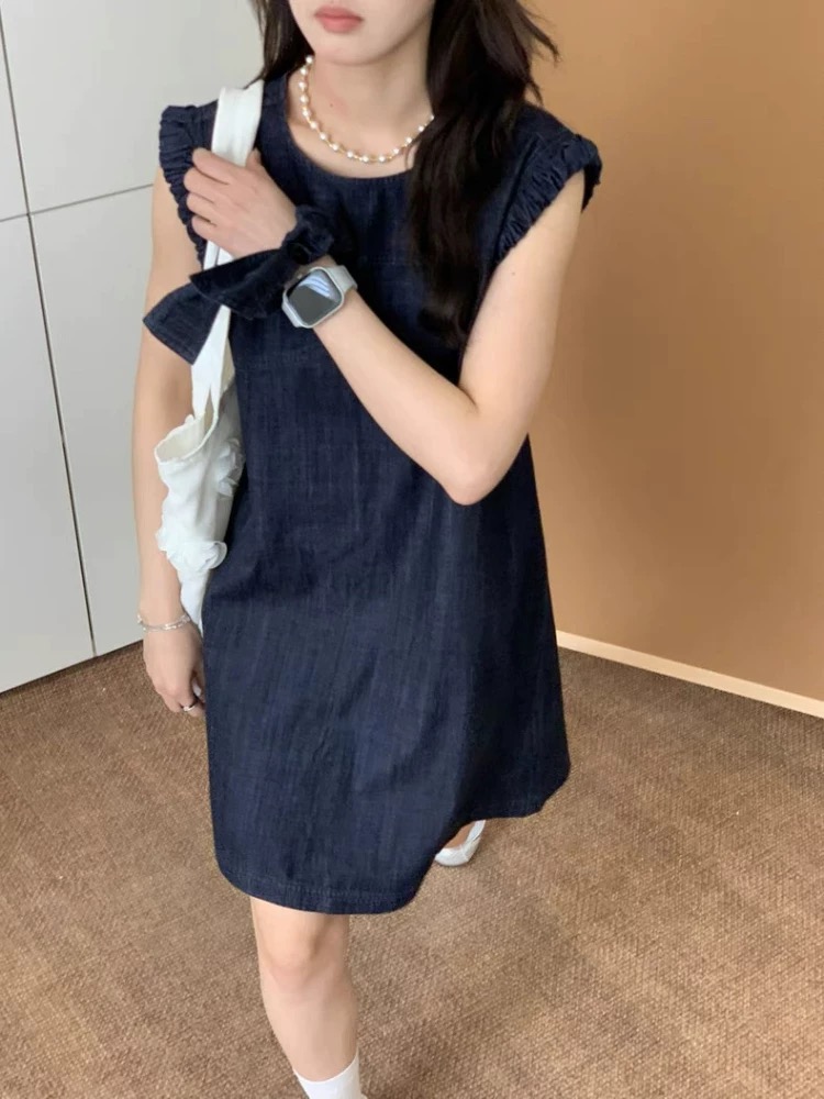 Sleeveless navy blue dress denim Casual T-back