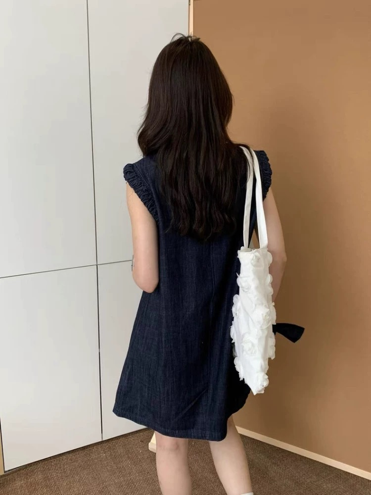 Sleeveless navy blue dress denim Casual T-back