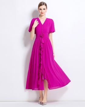 V-neck flowers long dress pure slim dress