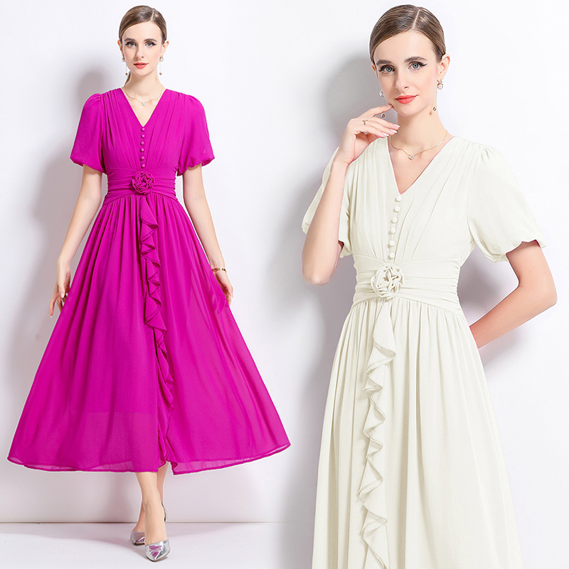 V-neck flowers long dress pure slim dress