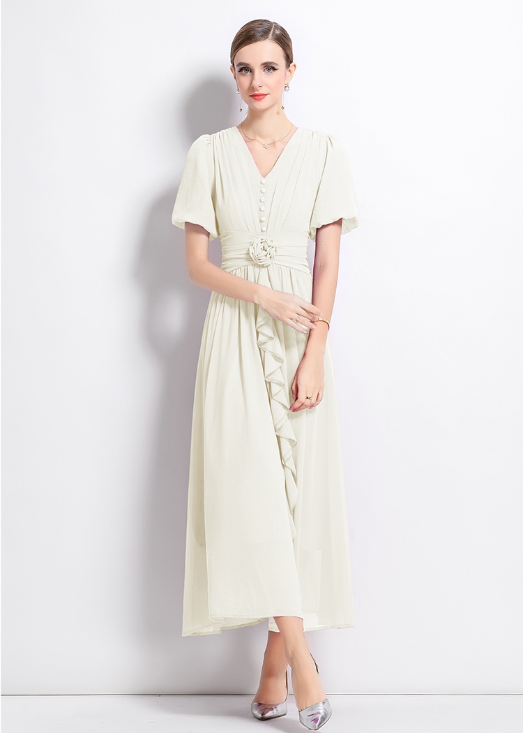 V-neck flowers long dress pure slim dress