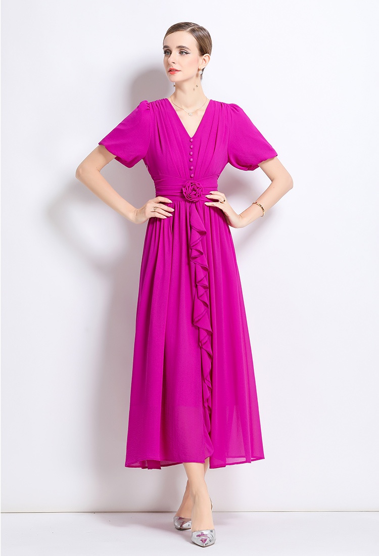 V-neck flowers long dress pure slim dress
