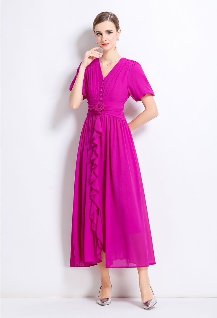 V-neck flowers long dress pure slim dress