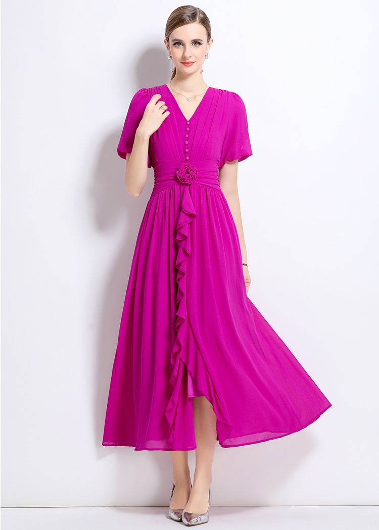 V-neck flowers long dress pure slim dress