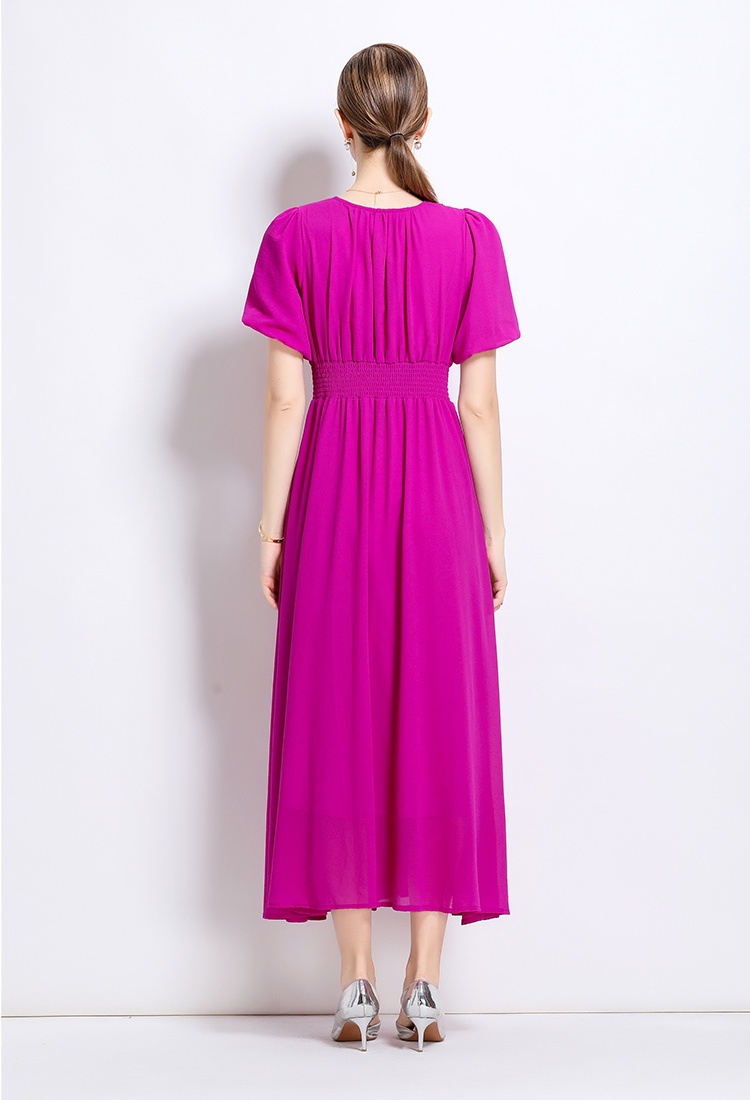 V-neck flowers long dress pure slim dress