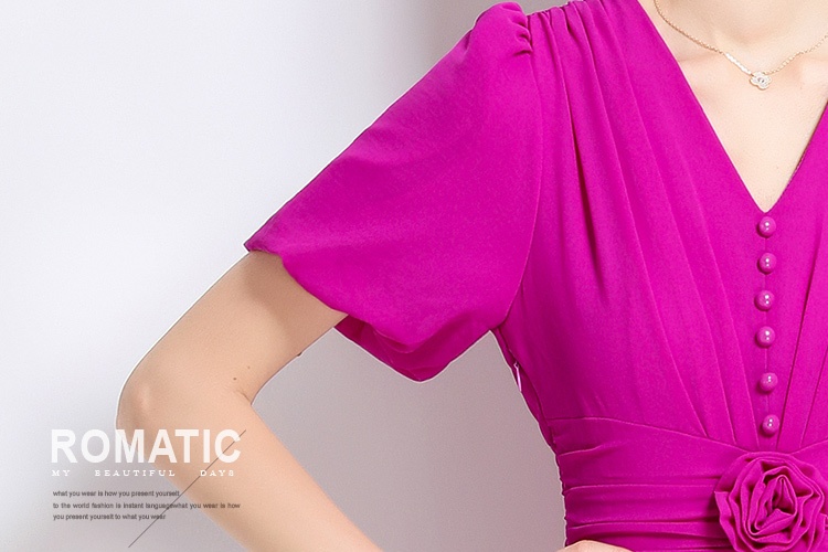 V-neck flowers long dress pure slim dress
