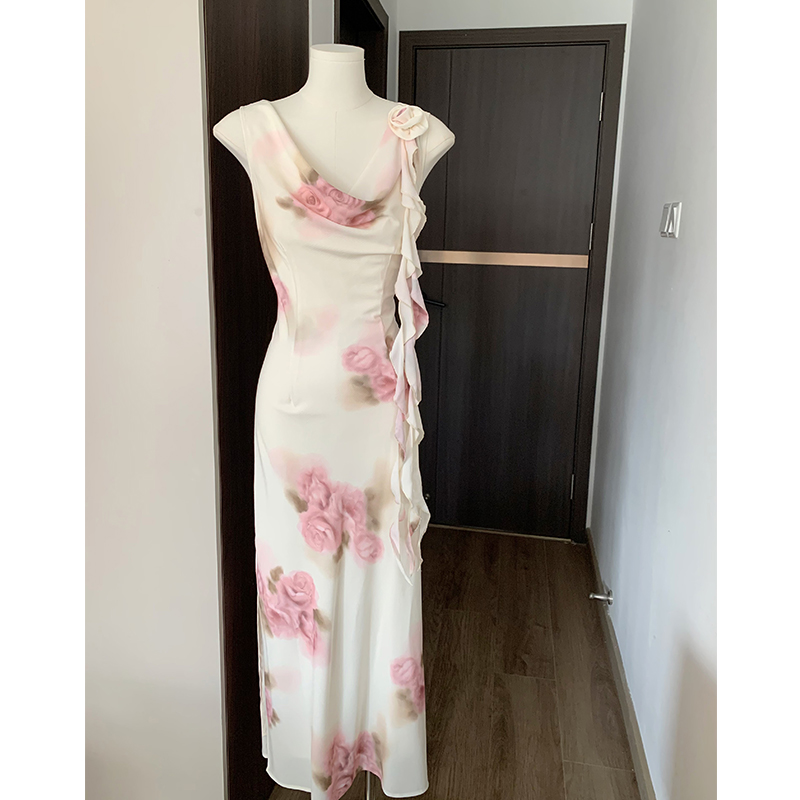Niche pinched waist tender floral temperament Casual dress
