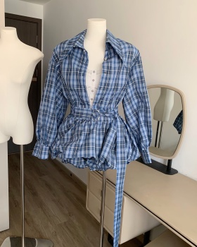 Temperament slim fashion tops retro plaid shirt 2pcs set