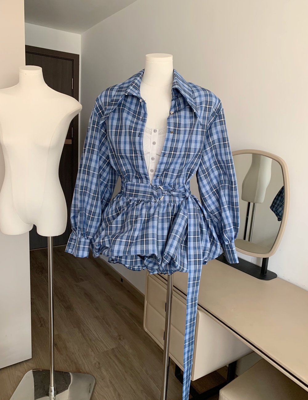 Temperament slim fashion tops retro plaid shirt 2pcs set