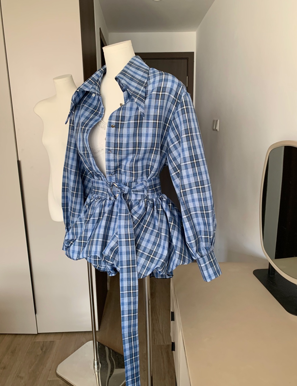 Temperament slim fashion tops retro plaid shirt 2pcs set