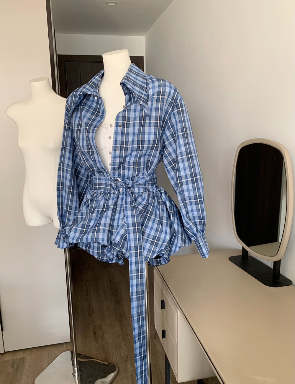 Temperament slim fashion tops retro plaid shirt 2pcs set