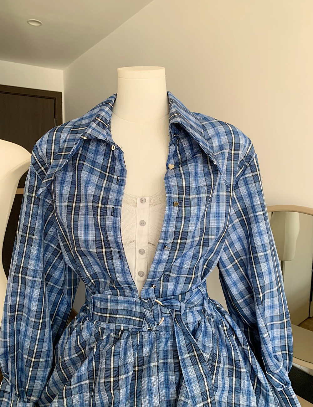 Temperament slim fashion tops retro plaid shirt 2pcs set