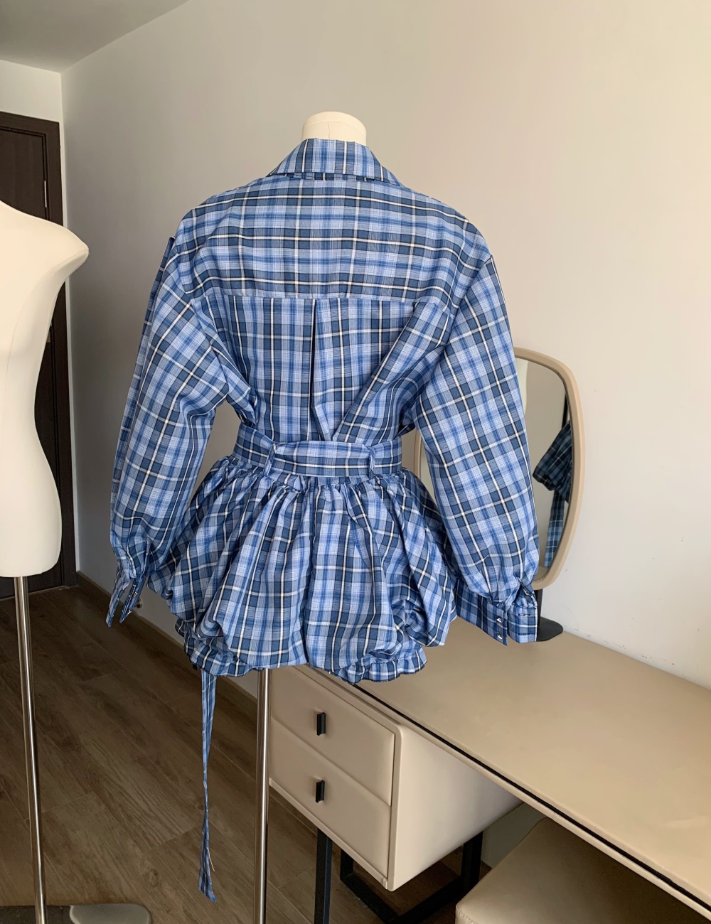 Temperament slim fashion tops retro plaid shirt 2pcs set