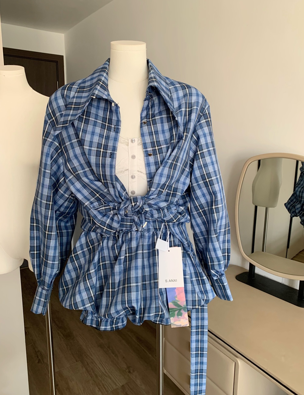 Temperament slim fashion tops retro plaid shirt 2pcs set
