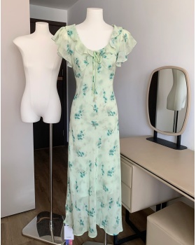 Temperament summer vacation long green floral dress