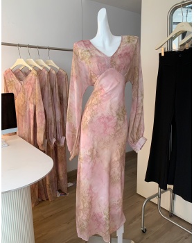Chiffon long dress lantern sleeve dress for women