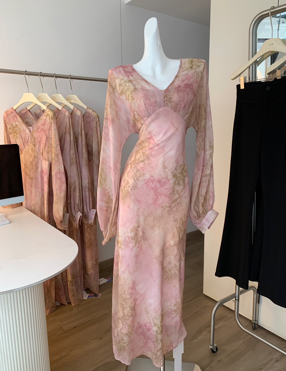 Chiffon long dress lantern sleeve dress for women