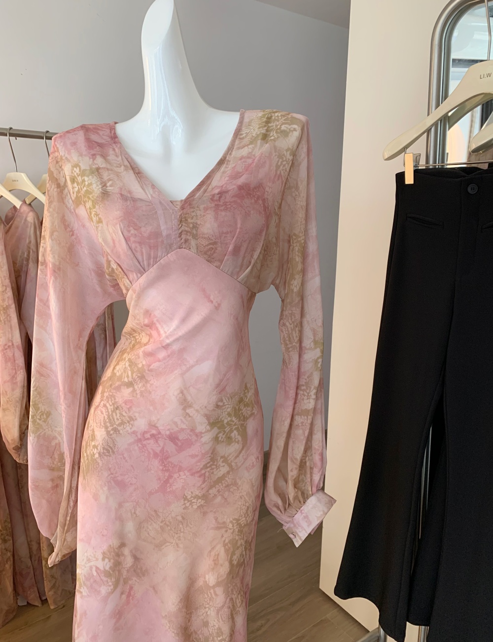 Chiffon long dress lantern sleeve dress for women