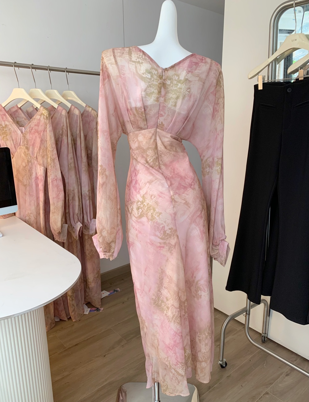Chiffon long dress lantern sleeve dress for women