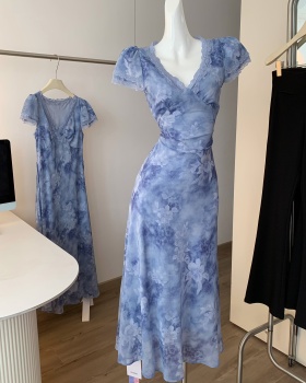 Splice floral blue dress temperament lace long dress for women