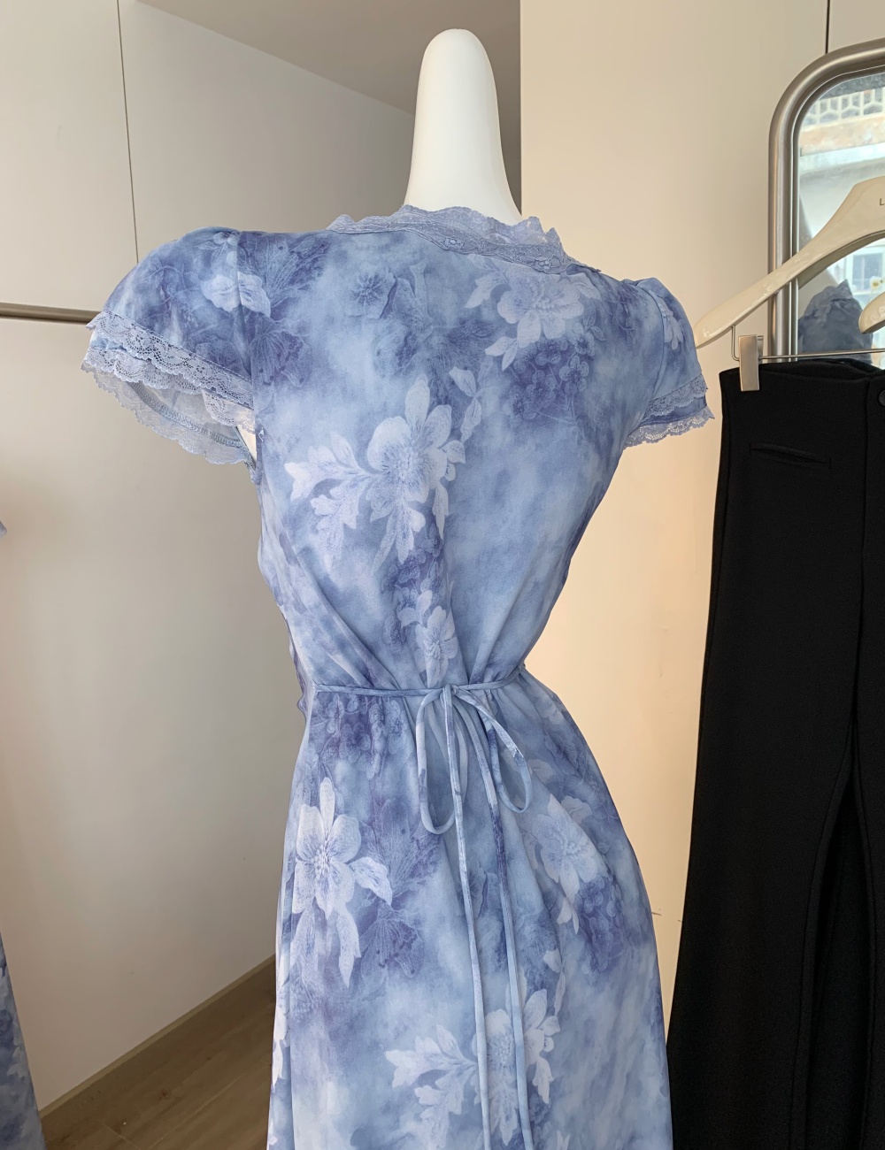 Splice floral blue dress temperament lace long dress for women