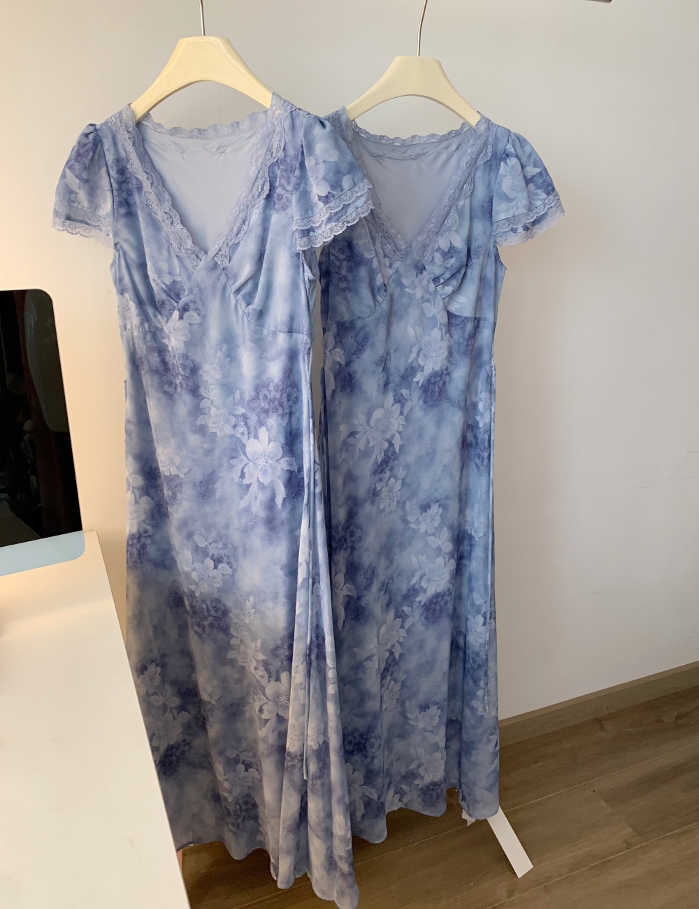 Splice floral blue dress temperament lace long dress for women