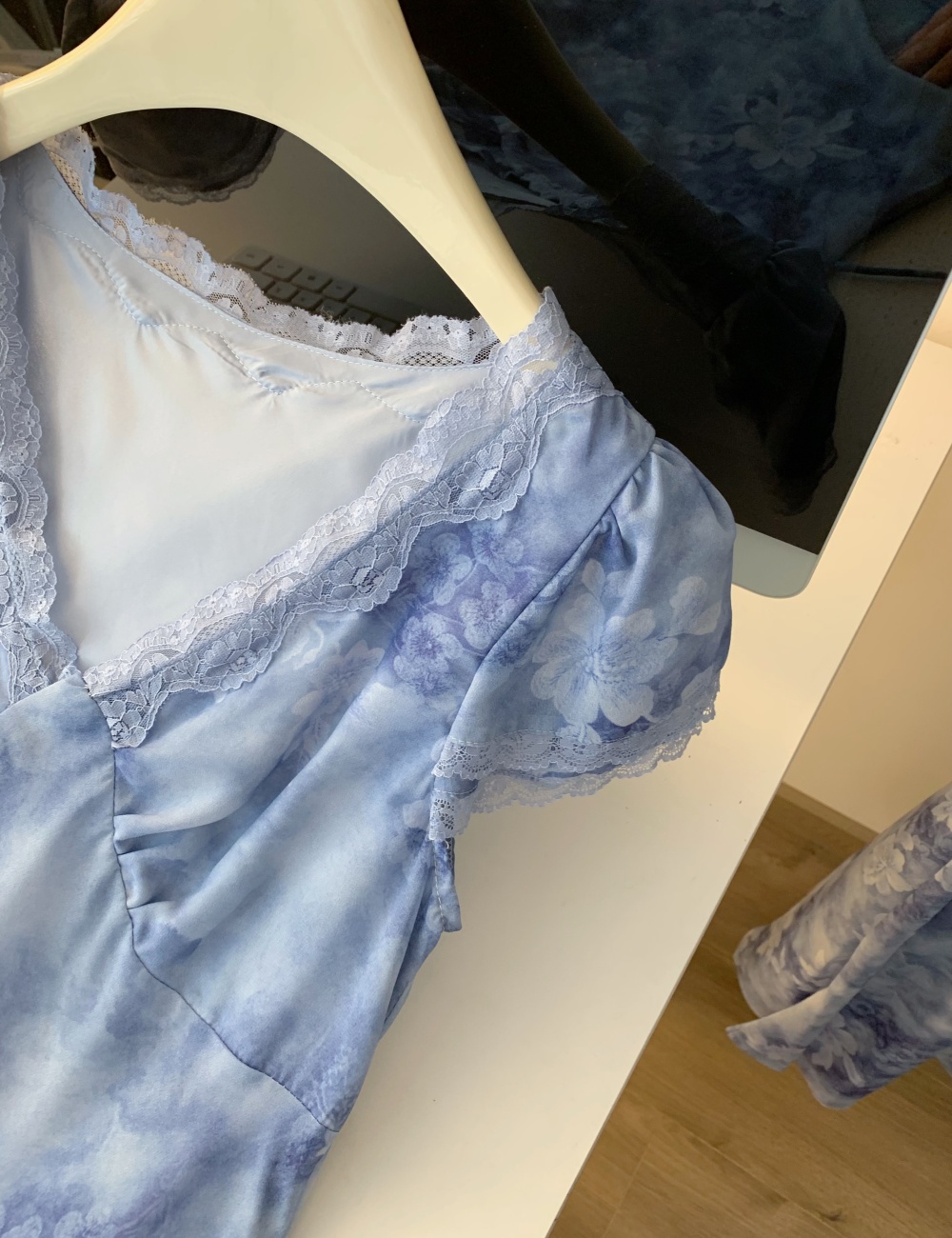 Splice floral blue dress temperament lace long dress for women