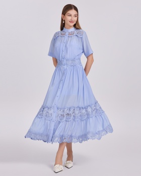 Court style single-breasted dress big skirt long dress