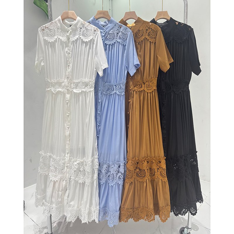 Court style single-breasted dress big skirt long dress