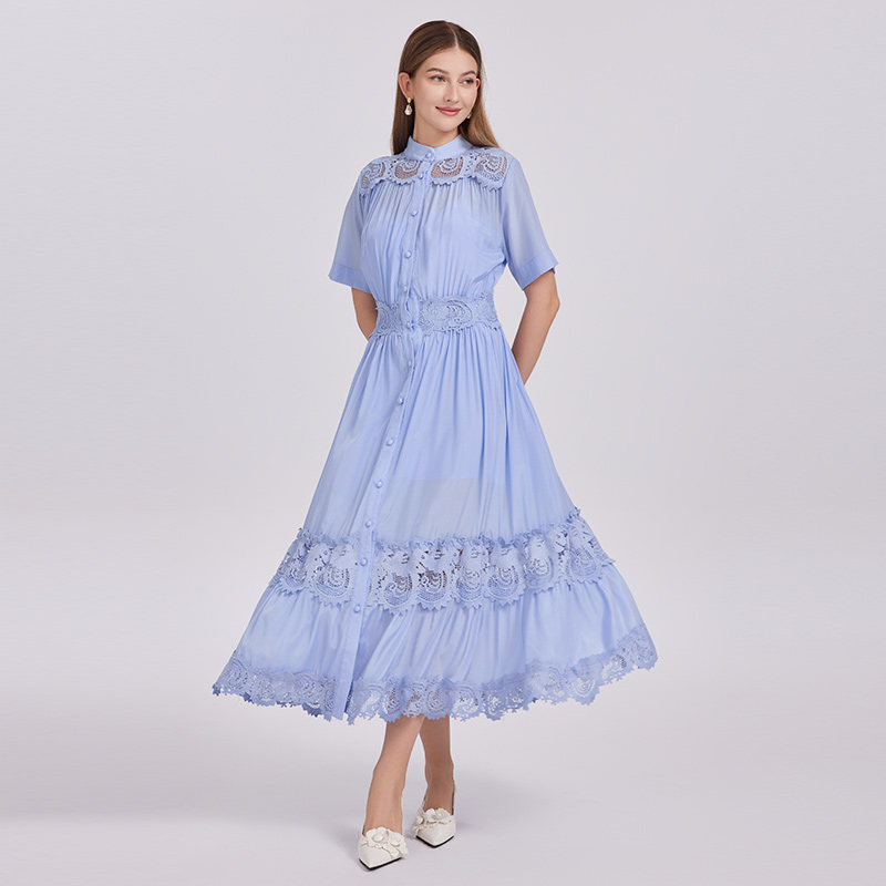 Court style single-breasted dress big skirt long dress
