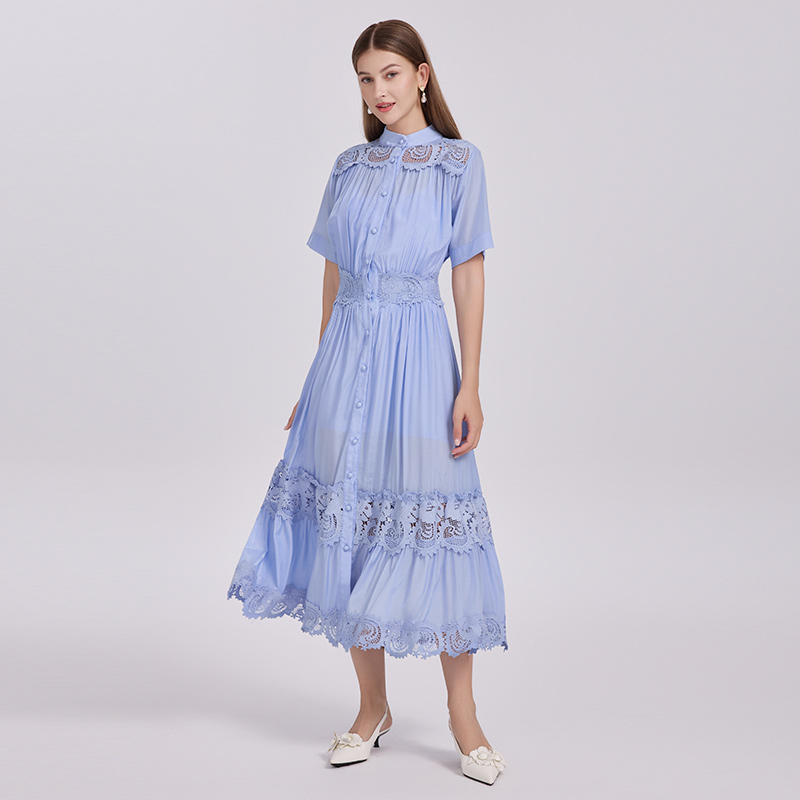 Court style single-breasted dress big skirt long dress