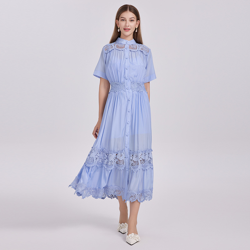 Court style single-breasted dress big skirt long dress