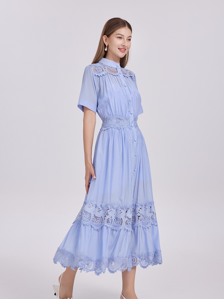 Court style single-breasted dress big skirt long dress