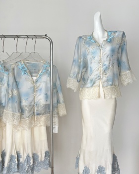 Embroidery summer shirt lace tops a set