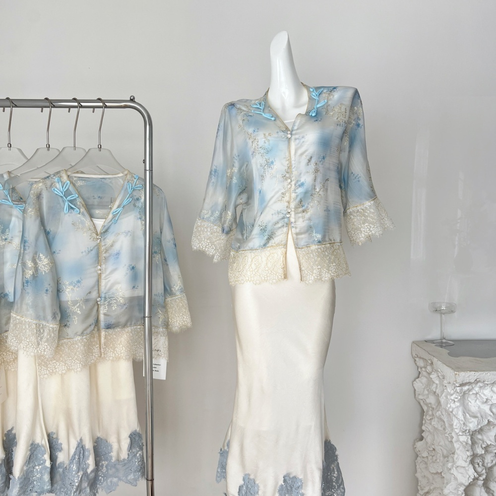 Embroidery summer shirt lace tops a set